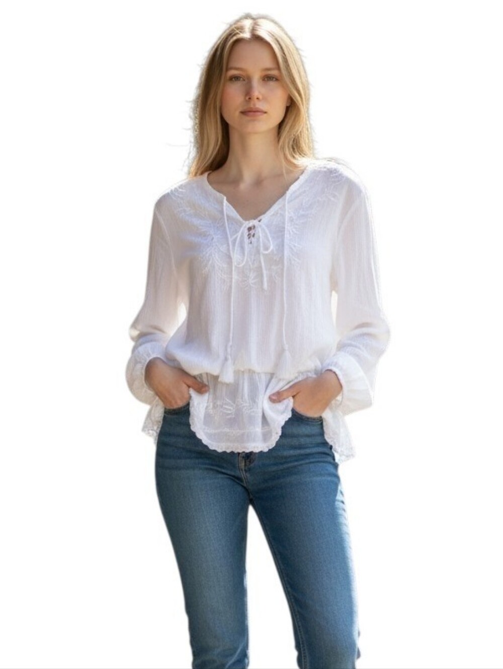 Ralph Lauren White 100% Cotton Lace Trim Tie Front Blouse Sz XS